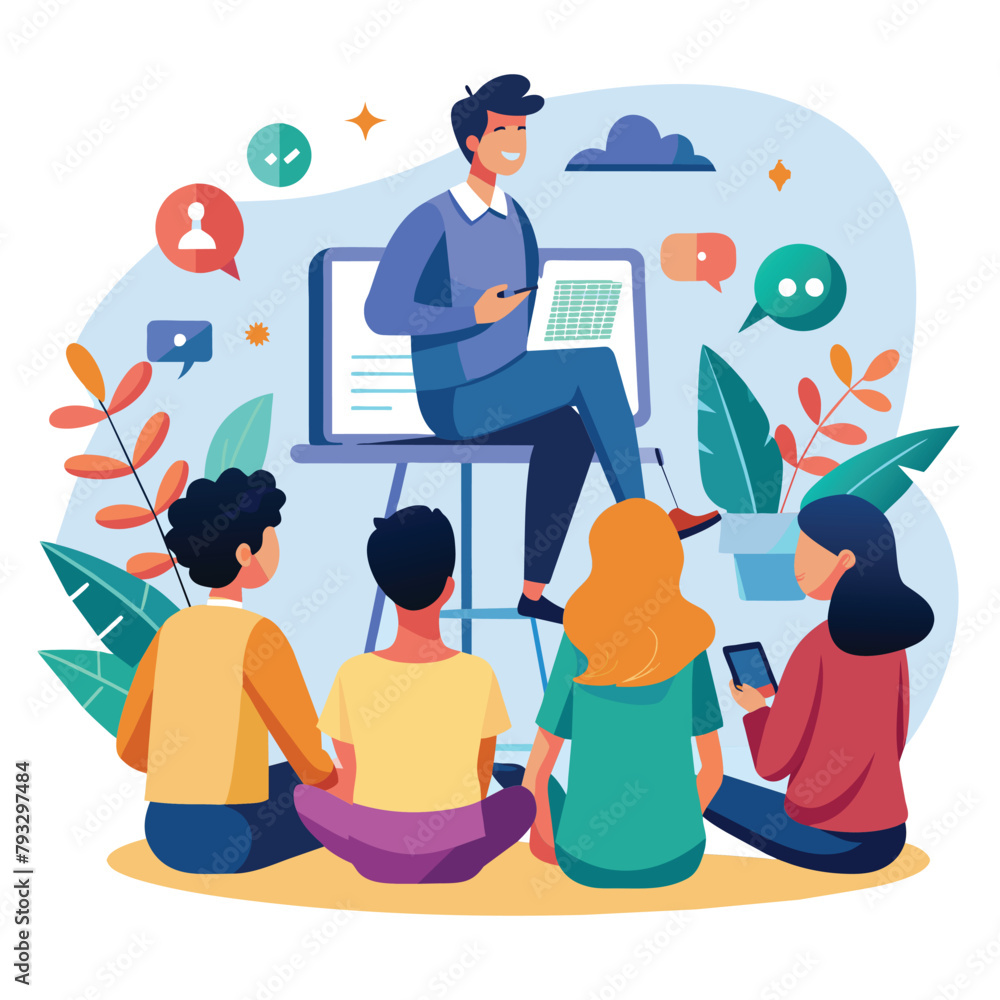 A man is presenting to a group of attentive people in a room, Students and students listen to online presentations, Simple and minimalist flat Vector Illustration A man is presenting to a group of attentive people in a room, Students and students listen to online presentations, Simple and minimalist flat Vector Illustration