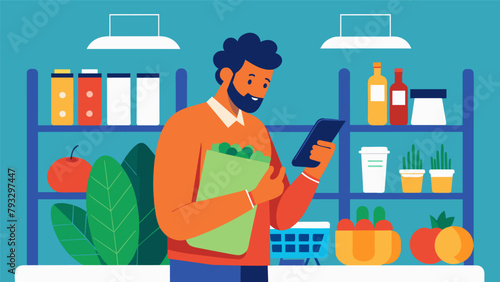 A man at the grocery store using a budgeting app to track his spending and ensure he stays within his designated food budget.