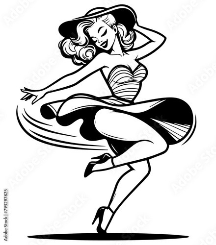 pinup woman dances retro style, black vector nocolor silhouette, pin up girl vintage monochrome clipart illustration, laser cutting engraving old style