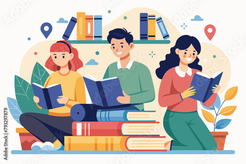 A group of people sitting on a stack of books, reading and engaging with the material together, students read books on the internet, Simple and minimalist flat Vector Illustration