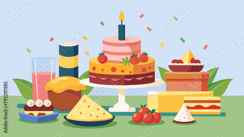 A picnic birthday celebration with a tower of assorted cheeses sliced meats and crackers and a homemade chocolate cake as the centerpiece..