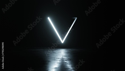 Mysterious flying triangle sign above wet concrete moving floor on a black background. Abstract neon seamless loop animation. photo