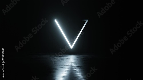 Mysterious flying triangle sign above wet concrete moving floor on a black background. Abstract neon seamless loop animation.