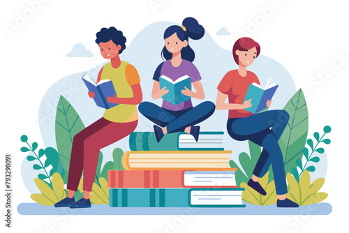 A group of three students sitting on a stack of books, engaged in reading, Students sit on books and read, Simple and minimalist flat Vector Illustration