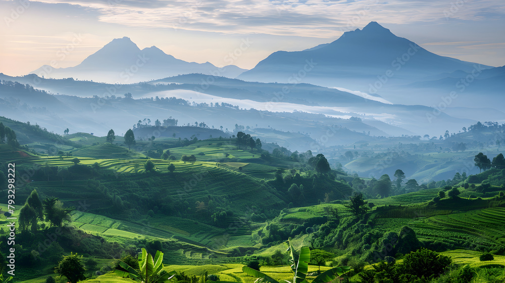 Majestic Panorama: Dawn/Dusk Over Virunga Mountains in Northern Rwanda