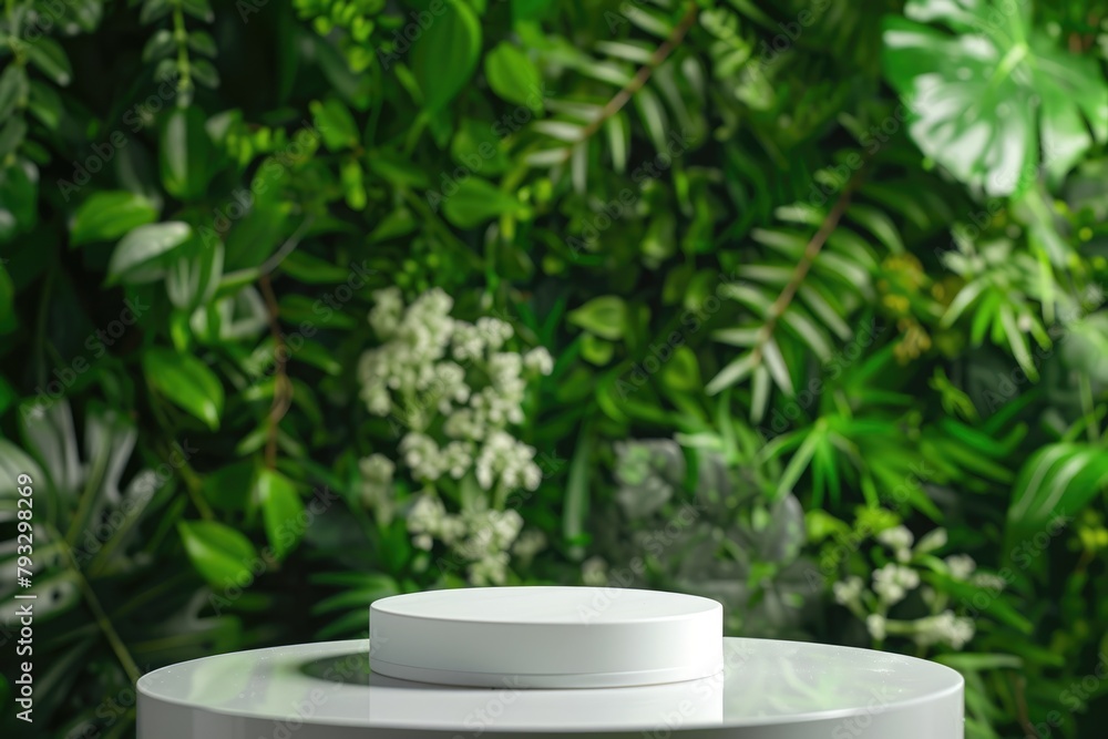 Herbal medicine stand mockup: empty podium on table for supplements, alternative medicine, homeopathy, herbal treatment, natural products, with banner and copy space for advertising and promotion. Herbal medicine stand mockup: empty podium on table for supplements, alternative medicine, homeopathy, herbal treatment, natural products, with banner and copy space for advertising and promotion.