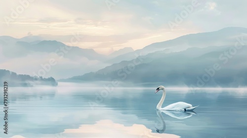 Fototapeta Naklejka Na Ścianę i Meble -  Swan floats calmly on a lake with misty mountains and dawn light. The peaceful presence of a swan on a serene lake with dawn breaking.