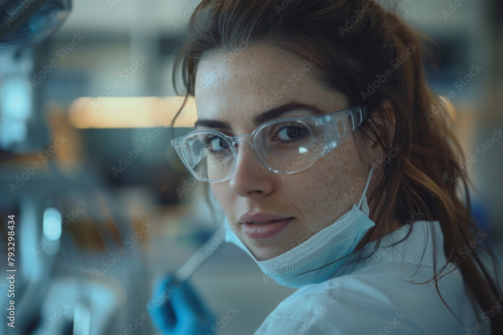 A close-up of a female dental hygienist with safety glasses and a mask pulled down. A close-up of a female dental hygienist with safety glasses and a mask pulled down.
