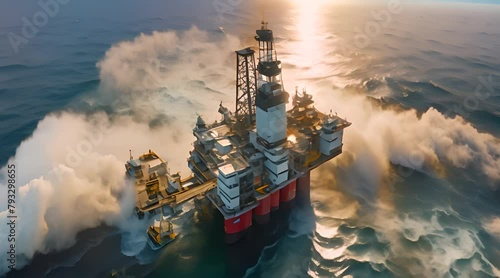 Offshore drilling rig on the sea. Oil platform for gas and petroleum or crude oil. Industrial. Aerial View Footage photo