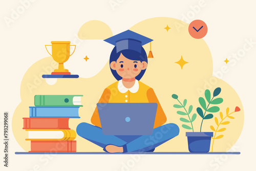 A woman sitting on the floor engaged with a laptop, likely studying for a future career concept, Studying for a future career concept, Simple and minimalist flat Vector Illustration