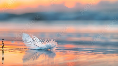Feather rests on sand at a beach during a peaceful sunset. Sunset colors of orange and blue reflect on the beach, highlighting a lone feather.