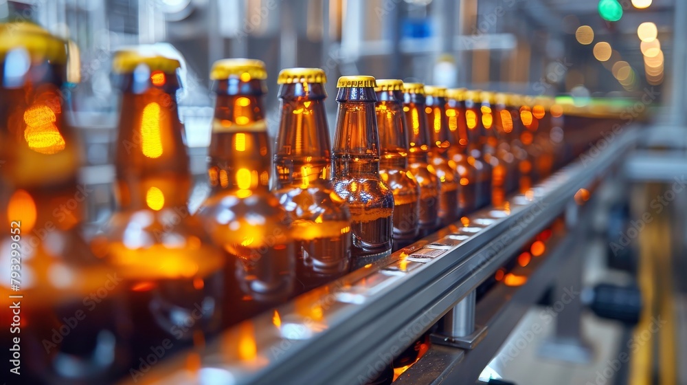 Bottling plant production line with sealed beer bottles