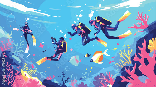 Vector illustration of scuba divers greeting while