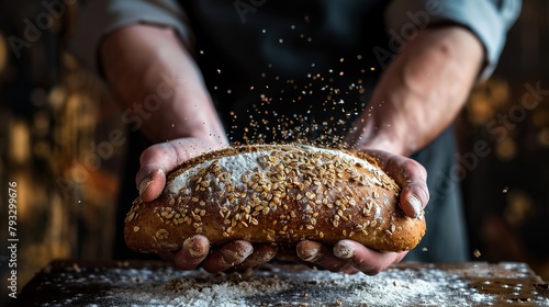close up of bakers hands holding a handmade whole bread