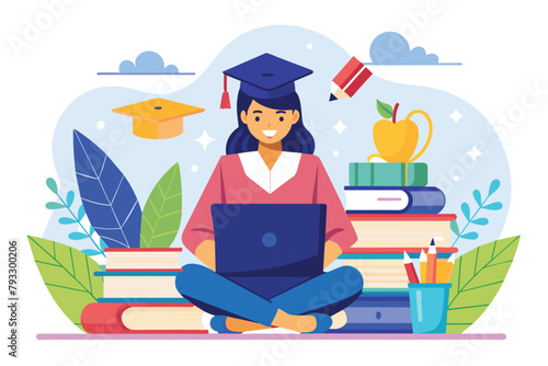 A woman studying on a pile of books while using a laptop, Studying woman for graduate and succes, trending, Simple and minimalist flat Vector Illustration