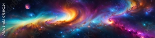 Abstract surrealistic illustration bright galactic background, space nebulae and stars.