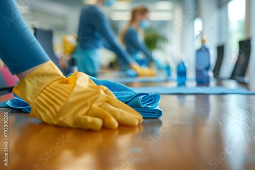 Professional office cleaning services - janitors cleaning desk in office environment