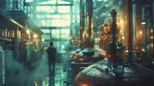 A person stands in a moody, dimly lit distillery with copper stills and ambient lighting. photo