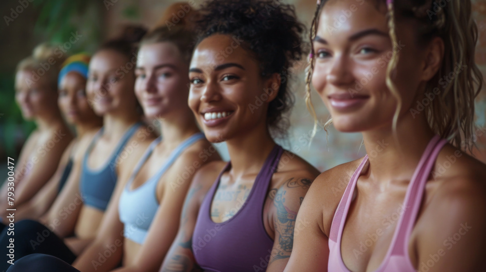 A diverse group of women in fitness attire smiling and sitting side by side. A diverse group of women in fitness attire smiling and sitting side by side.