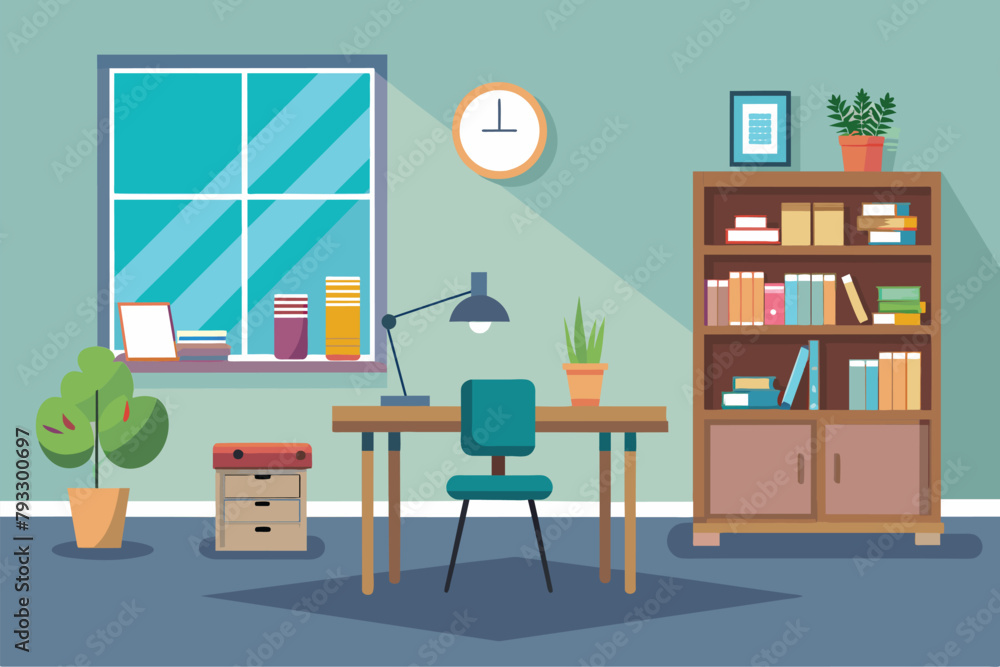 Simple and minimalist study room with a desk, bookshelf, and a window, Study room, Simple and minimalist flat Vector Illustration Simple and minimalist study room with a desk, bookshelf, and a window, Study room, Simple and minimalist flat Vector Illustration