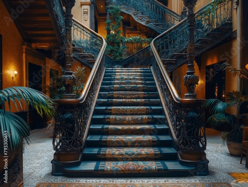 A staircase with a blue carpet and a green plant on the right side. The staircase is very long and has a very elegant design