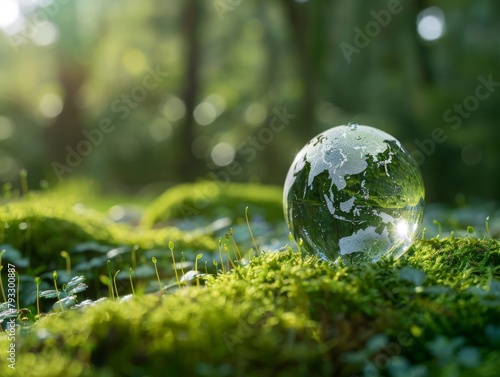 Crystal globe putting on moss  ecology and environment sustainable concept. World Environment Day.