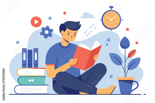 A man sitting on the floor reading a book in a room, Study time management, reading a book, Simple and minimalist flat Vector Illustration