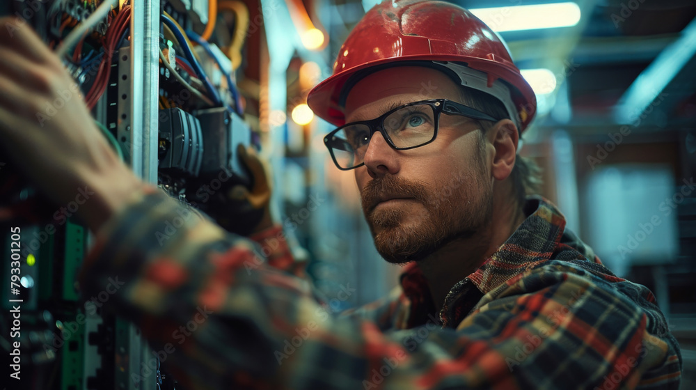 An electrician in a red hard hat is working on wiring in a building's electrical panel.
