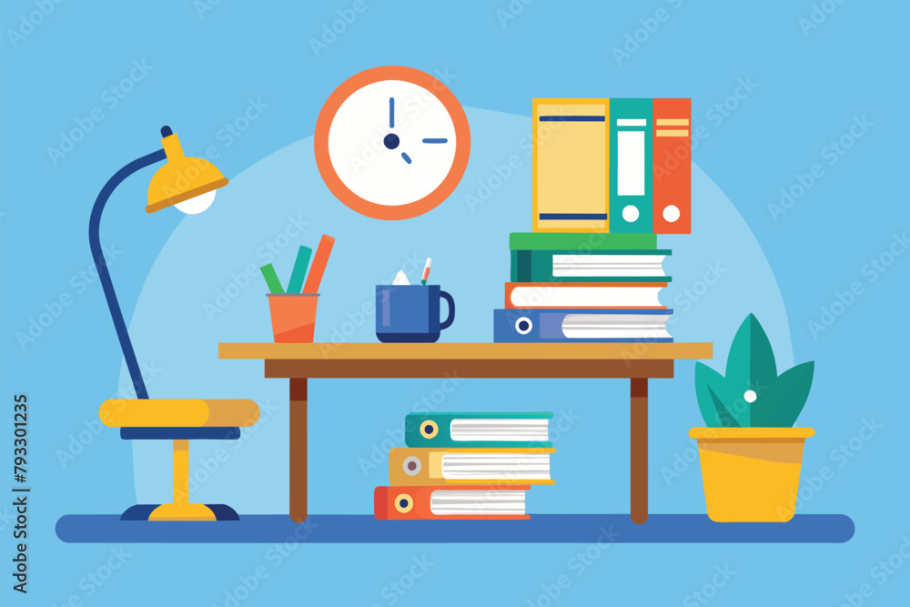 A simple and minimalist study desk with various books, a lamp, and a clock, study time, Simple and minimalist flat Vector Illustration A simple and minimalist study desk with various books, a lamp, and a clock, study time, Simple and minimalist flat Vector Illustration