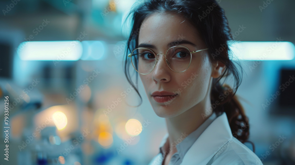 A focused female scientist in a lab, surrounded by equipment, possibly studying hormones. A focused female scientist in a lab, surrounded by equipment, possibly studying hormones.