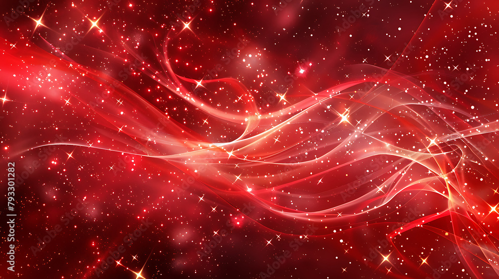 a vibrant red background adorned with swirling light streaks and sparkling stars. The dominant color is a deep, rich red, creating a sense of motion and energy