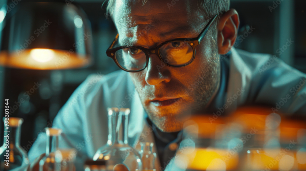 A focused scientist examines vials in a lab, with a serious expression under warm lighting. A focused scientist examines vials in a lab, with a serious expression under warm lighting.