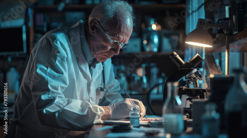 Elderly scientist examines samples under microscope in a dark lab, making notes. © neatlynatly