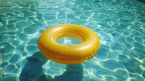 A sunny yellow pool float drifts in the crystal clear refreshing blue water of the pool with plenty of space for your personalized message