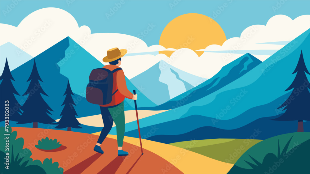 A person hiking in the mountains with a backpack full of supplies as they embark on a yearlong sabbatical after retiring early.
