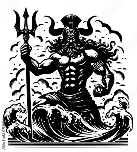 greek god Poseidon  black vector  silhouette svg illustration laser cutting engraving transparent monochrome shape