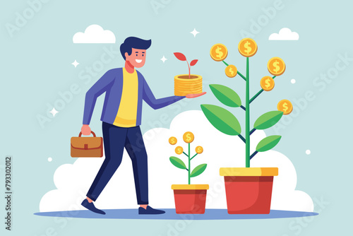 A man holding a potted plant with a plant growing out of it, successful investment man and earn profit, Simple and minimalist flat Vector Illustration