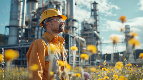 Engineer in safety gear standing near a biomass energy plant, surrounded by flowers. photo