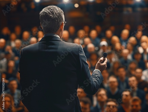 A man stands in front of a crowd, holding a microphone. The audience is attentive and engaged, listening to the speaker. Concept of importance and authority