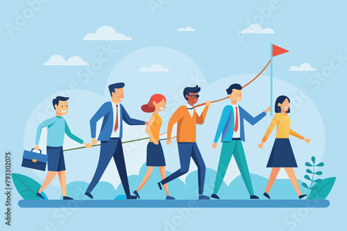 A diverse group of individuals holding a red flag together in a show of unity and strength, Successful managers lead the teamwork concept, Simple and minimalist flat Vector Illustration