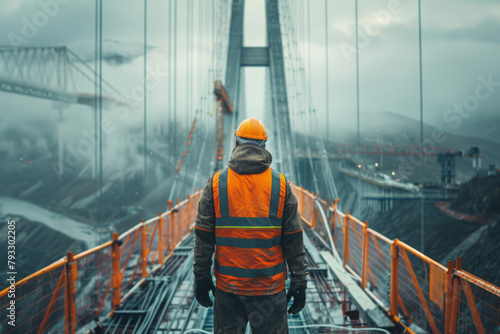 Engineer in high-visibility vest standing on a bridge construction site overlooking a foggy gorge. photo