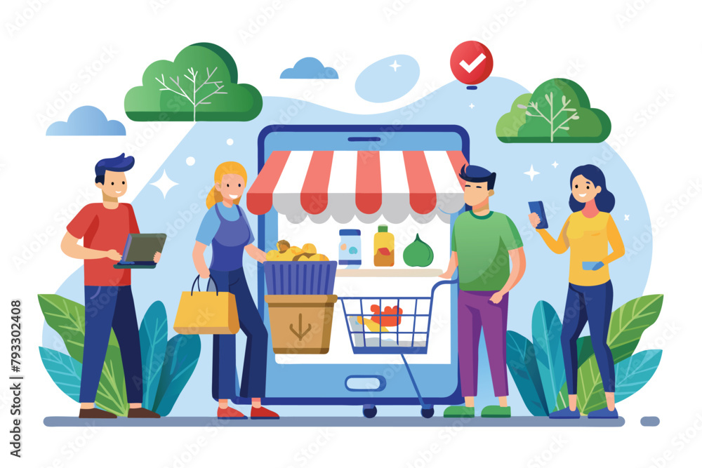 Multiple individuals standing together, looking at and interacting with a smartphone, Supermarket online shop with characters carrying cellphones, Simple and minimalist flat Vector Illustration