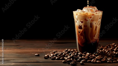 Pour coffee, iced latte into a glass. Add milk or cream along with roasted coffee beans. Set on a wooden table at a coffee shop on a dark black background. photo