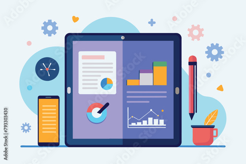 A tablet displaying graphs with a pen beside it for analysis and note-taking, tablet problem analysis, Simple and minimalist flat Vector Illustration