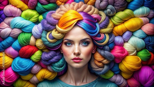 Beautiful woman in a yarn headdress Advertising for a yarn store. Beauty, advertising for a sewing workshop, business card, wallpaper. Bright balls of thread close-up. Materials for needlework