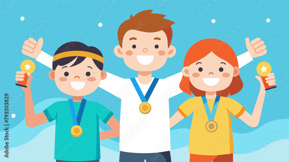A group of siblings proudly display their medals earned from completing their first bike tour as a family with big smiles and highfives all A group of siblings proudly display their medals earned from completing their first bike tour as a family with big smiles and highfives all