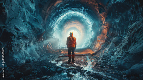 Engineer in orange jacket stands in icy tunnel with glowing end, possibly at geothermal plant. photo
