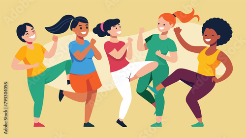 A group of women laugh and cheer in camaraderie as they practice strikes and kicks together during a selfdefense workshop.