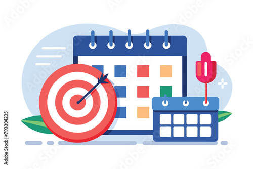 Dart hitting a bullseye target placed on a calendar page, Target schedule with calendar and clock trending, Simple and minimalist flat Vector Illustration
