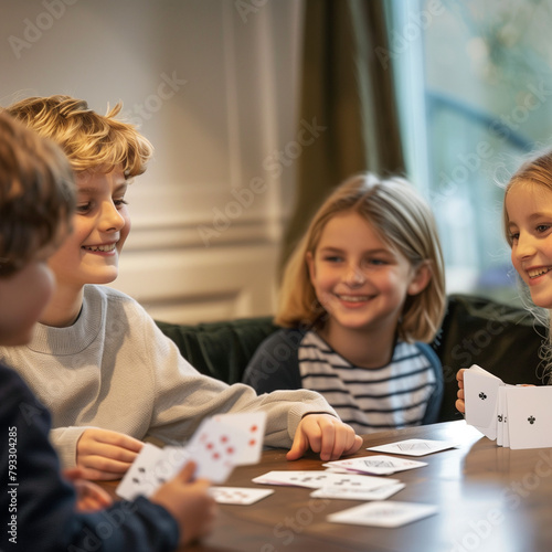 Two children sitting at a table, each holding white playing card mockups